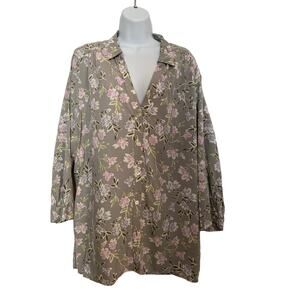 J. Jill XL Gray/Floral 100% Rayon Button Front 3/4 Sleeve Women's Blouse